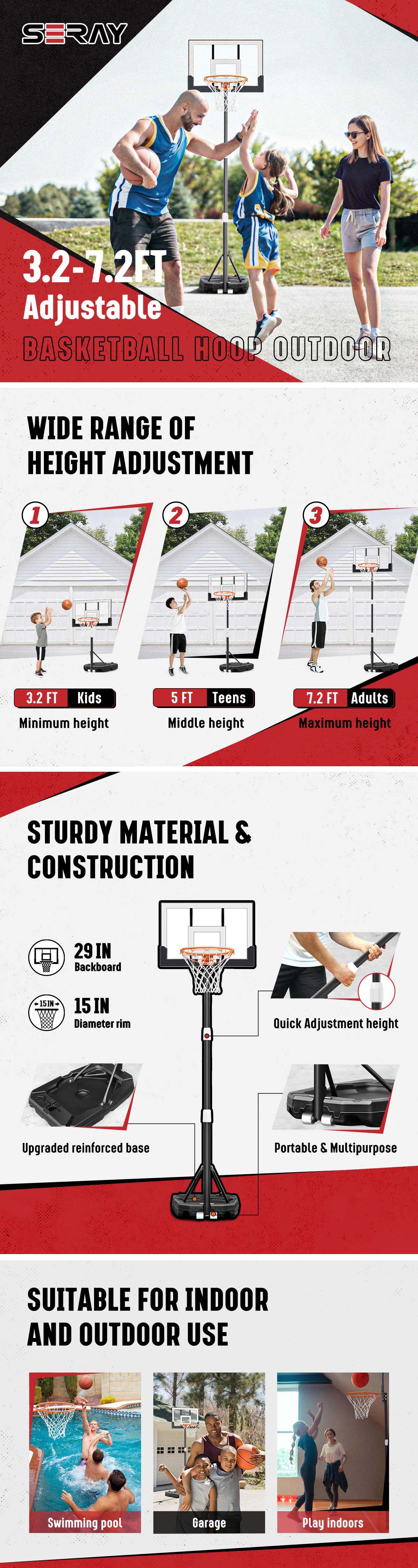 Seray Kids Basketball Hoop 3.2 to 7.2FT 10s-Quick-Adjust, Toddler 29In Backboard Portable Basketball Goal, Mini Hoop Indoor Basketball Court Outdoor & Pool Play Sets, Home Sports for Teens Boys & Girls, Birthday Gift Idea