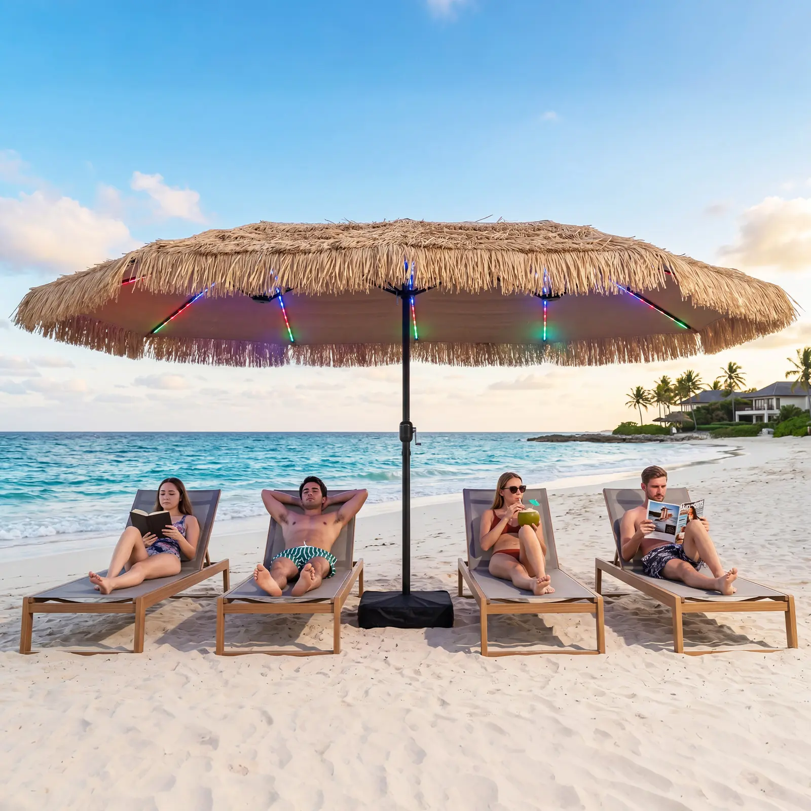 15 FT Solar Tiki Patio Umbrella with LED Lights and Base