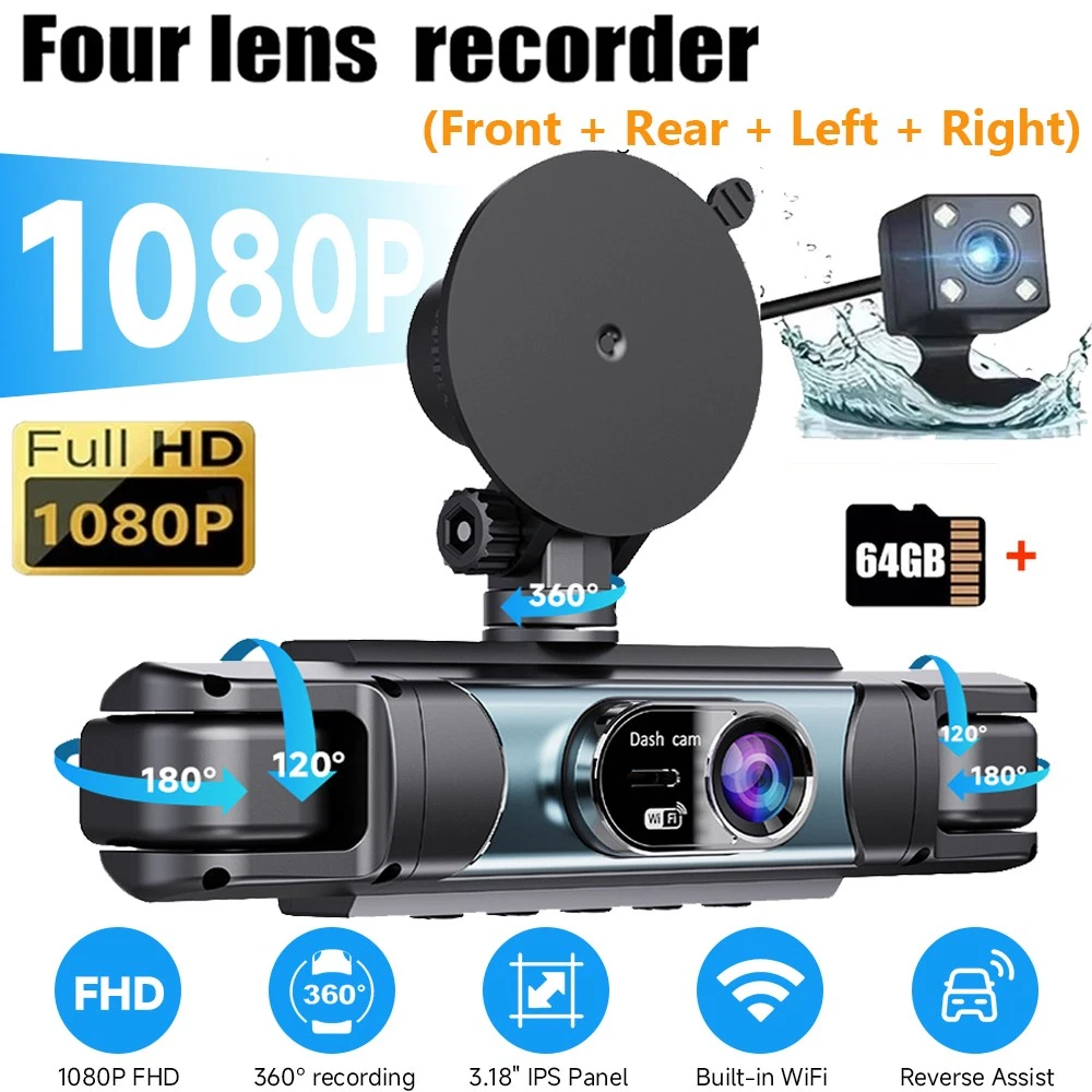 360 4 Channel 1080P HD Car Dash Cam Front and Rear Inside Left Right +Cam +Wifi