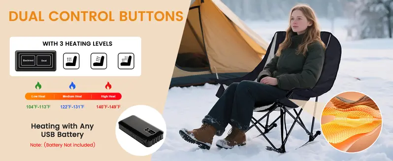 Product Introduction of SLSY Oversized Heated Rocking Camping Chair, 400lbs Capacity Portable Outdoor Rocker Padded Recliner Folding Lawn Chair, with Side Pockets & Carry Bag for Camping Patio Backyard【Batteries not included】 5