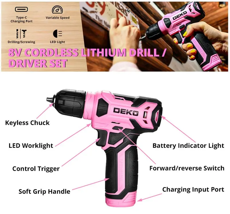 Product Introduction of DEKOPRO 126-Piece Pink Household Tool Set with 8V Cordless Drill, Rechargeable Battery, All-in-One Compact Tools kit, Perfect Christmas Gift, Ideal for Home Repairs & DIY Projects 3