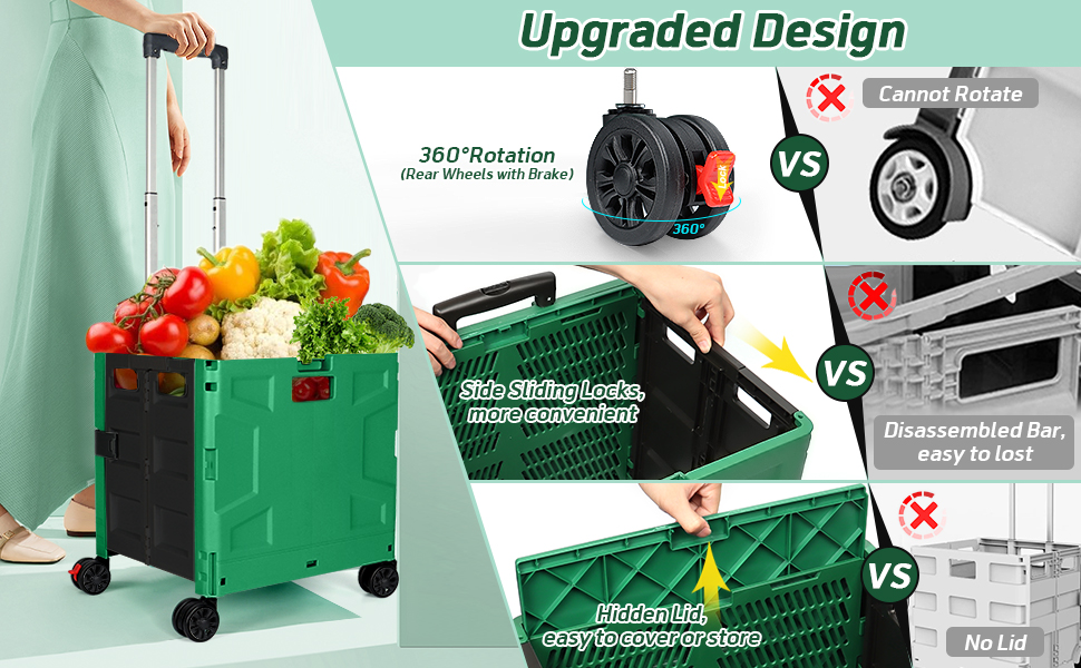Folding utility cart rolling crate with swivel wheels