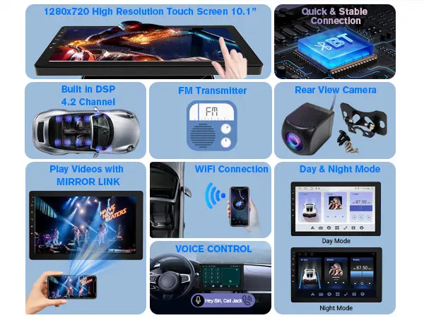 Product Introduction of 10.1" Rotatable Touch Screen Car Stereo Single Din - Android 13, Wireless CarPlay/Android Auto, 4-Core CPU, 2GB+32GB, GPS Navigation, Hi-Fi Sound, Bluetooth 4.2, AHD Backup Camera (Vertical Fit) 4