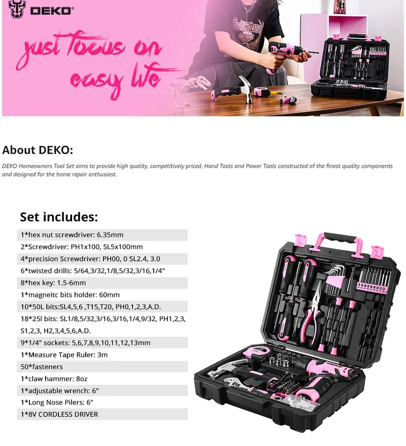 Product Introduction of DEKOPRO 126-Piece Pink Household Tool Set with 8V Cordless Drill, Rechargeable Battery, All-in-One Compact Tools kit, Perfect Christmas Gift, Ideal for Home Repairs & DIY Projects 5