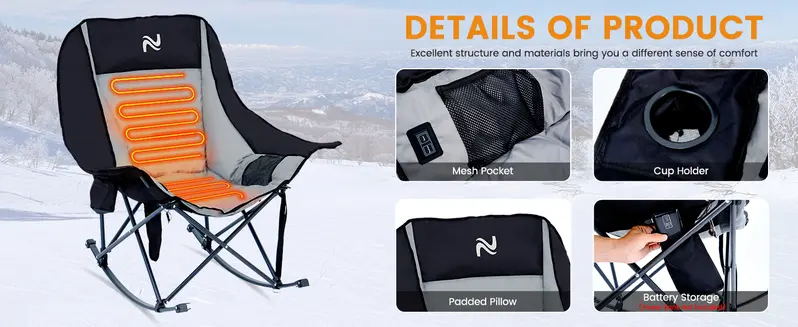 Product Introduction of SLSY Oversized Heated Rocking Camping Chair, 400lbs Capacity Portable Outdoor Rocker Padded Recliner Folding Lawn Chair, with Side Pockets & Carry Bag for Camping Patio Backyard【Batteries not included】 3
