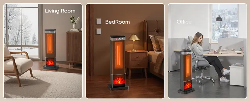Product Introduction of Space Heaters for Indoor Use, Portable Heater with 3 Light Colors, Adjustable Thermostat with Remote, Tip-over Protection Up to 95°F, 60°Oscillation 10