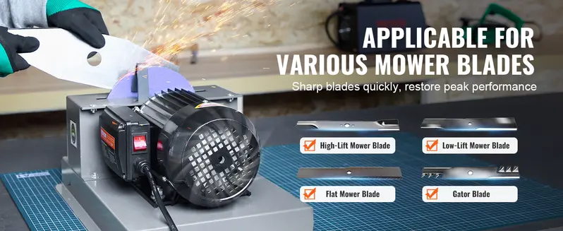 Product Introduction of VEVOR Lawn Mower Blade Sharpener, 1HP 750W Lawnmower Blade Sharpener with 9-inch Ceramic Grinding Wheel, Powerful Bench Mower Sharpening Machine for High/Low Lift Blades, Gator Blades, Flat Blades 10