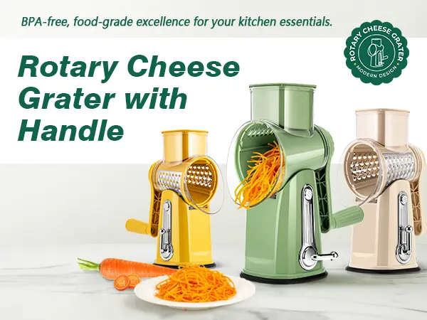 Product Introduction of SUSTEAS Rotary Cheese Grater with Handle, 5 Well-Designed Blades, Strong Suction Cup Base, Kitchen Utensils Vegetable Slicer Dicer Fruit Vegetable Slicer Gadgets Kitchen 1