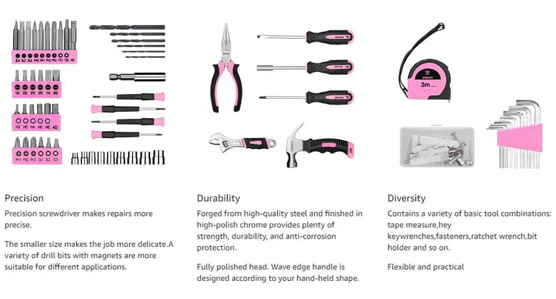 Product Introduction of DEKOPRO 126-Piece Pink Household Tool Set with 8V Cordless Drill, Rechargeable Battery, All-in-One Compact Tools kit, Perfect Christmas Gift, Ideal for Home Repairs & DIY Projects 1