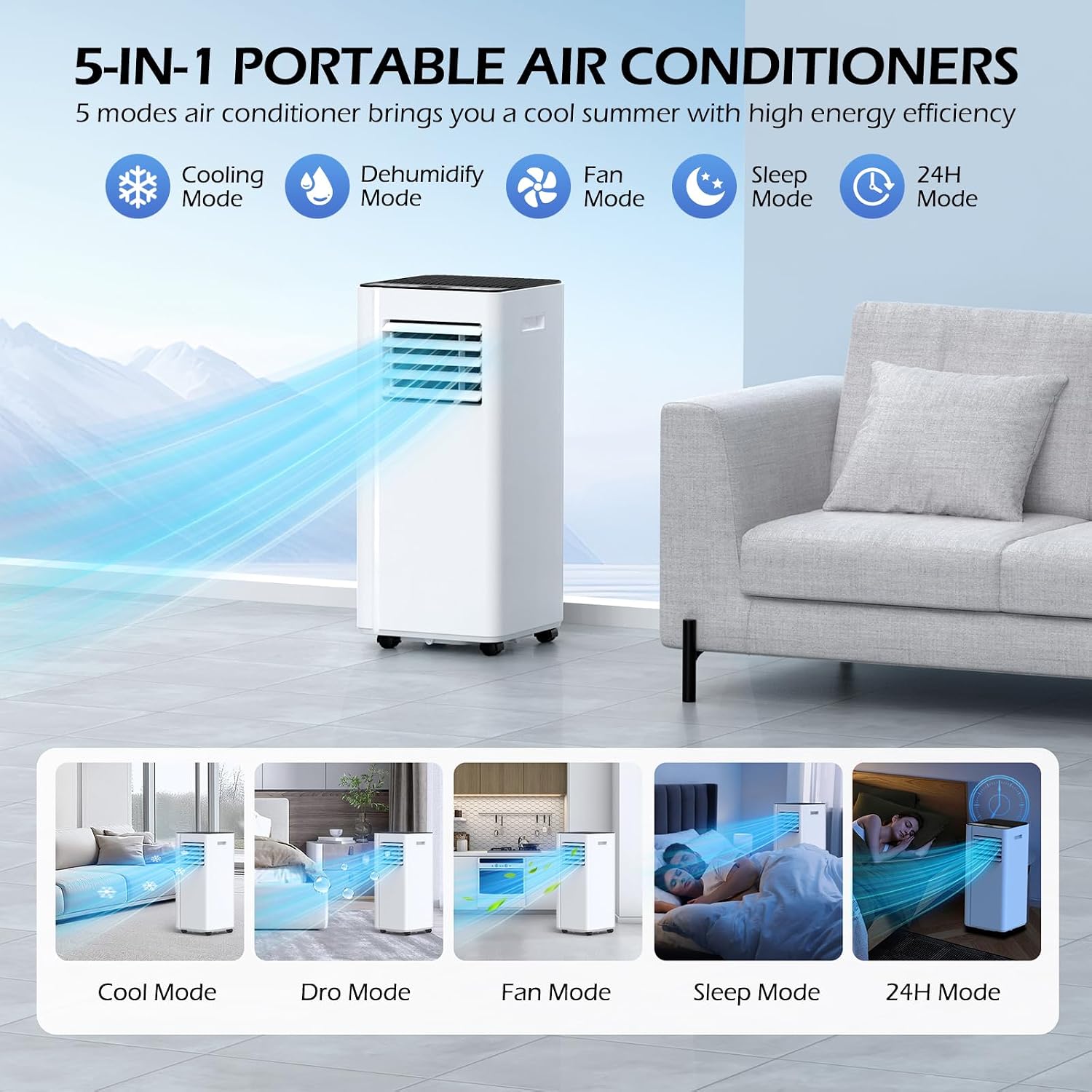 16,000 BTU Portable Air Conditioner with APP, 5-IN-1 Smart WiFi AC Unit Up to 750Sq.Ft with Built-in Cool, Dehumidifier & Fan Modes for Room&Office, 40dB Quiet, Sleep Mode, 24H Timer,Child Lock