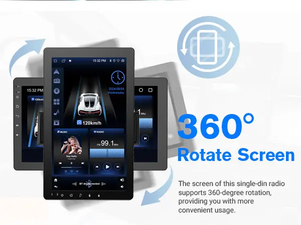 Product Introduction of 10.1" Rotatable Touch Screen Car Stereo Single Din - Android 13, Wireless CarPlay/Android Auto, 4-Core CPU, 2GB+32GB, GPS Navigation, Hi-Fi Sound, Bluetooth 4.2, AHD Backup Camera (Vertical Fit) 3
