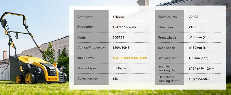 Product Introduction of 2025 Upgraded EVEAGE 16-Inch 15 Amp Electric Dethatcher & Scarifier, 5-Position Depth Adjustment, 14.5gal Collection Bag, Increases Lawn Health spin brush magnetic sweeper Foldable Grabber rake 24