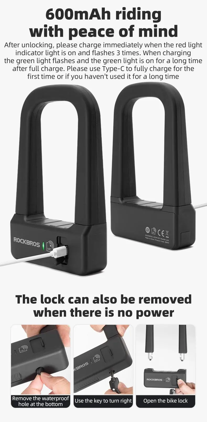 Product Introduction of ROCKBROS Smart U Lock NFC Unlocking (NFC fuction phone only),MTB Road Bike Lock  Anti-theft Lock Waterproof Rechargeable Safety Lock 12