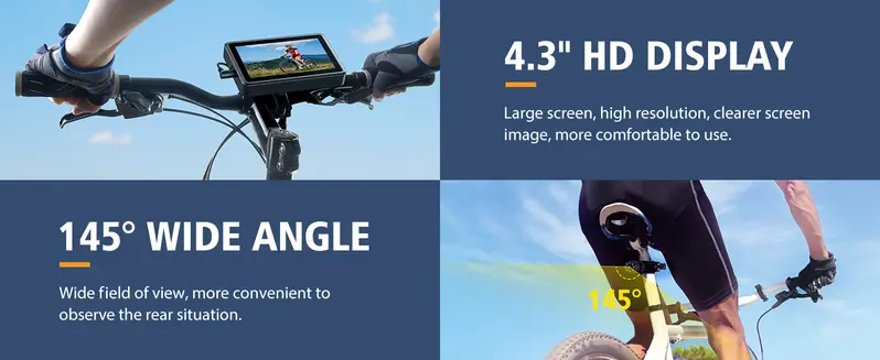 Product Introduction of Bike camera, Handlebar Bicycle Rear View camera with 4.3'' HD Night Vision Function, 145° Wide Angle View, Adjustable Rotatable Bracket, Compatible with Bicycle, Mountain, Road Bike 3