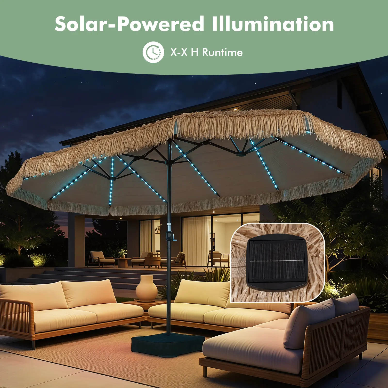 15 FT Solar Tiki Patio Umbrella with LED Lights and Base