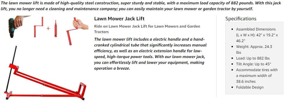 Manual Garden Tractor & Lawn Mower Lift Jack with Blade Repair Compatibility, 882 Lbs Capacity, Manual Handle - Power Tool Extension Handle, Less than 38.6'' Manual Garden Tractor & Lawn Mower Lift Jack with Blade Repair Compatibility, 882 Lbs Capacity, Manual Handle - Power Tool Extension Handle, Less than 38.6''