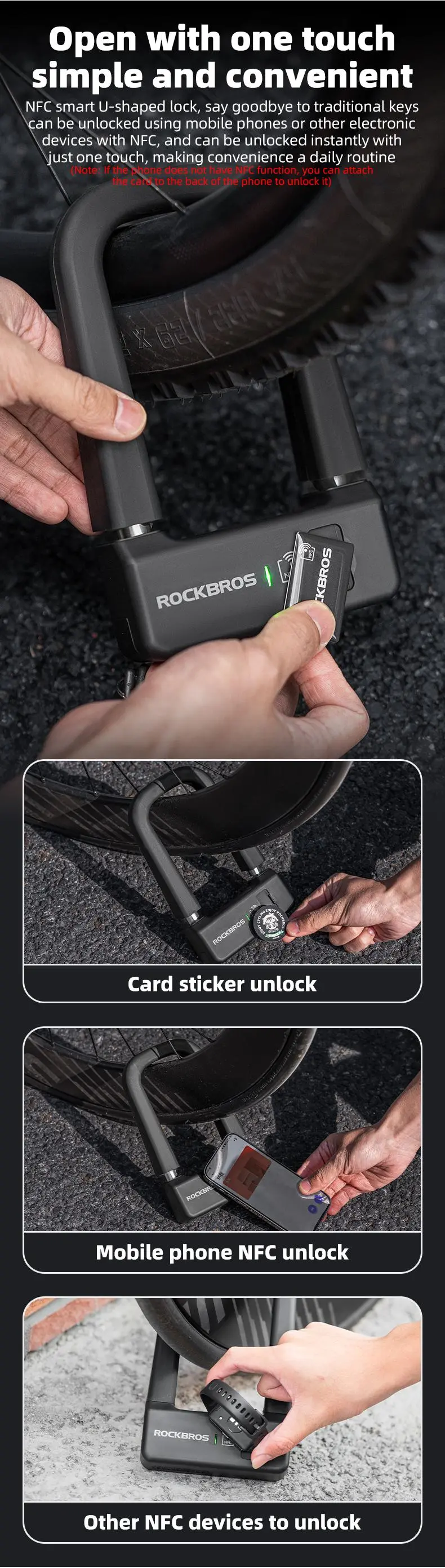 Product Introduction of ROCKBROS Smart U Lock NFC Unlocking (NFC fuction phone only),MTB Road Bike Lock  Anti-theft Lock Waterproof Rechargeable Safety Lock 9