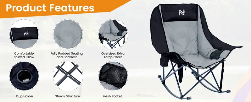 Product Introduction of SLSY Oversized Heated Rocking Camping Chair, 400lbs Capacity Portable Outdoor Rocker Padded Recliner Folding Lawn Chair, with Side Pockets & Carry Bag for Camping Patio Backyard【Batteries not included】 10