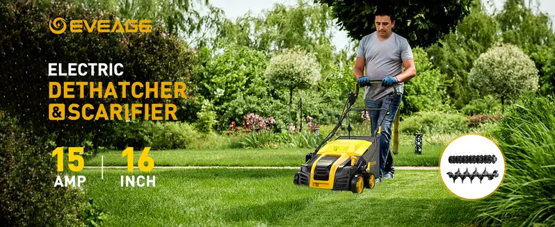 Product Introduction of 2025 Upgraded EVEAGE 16-Inch 15 Amp Electric Dethatcher & Scarifier, 5-Position Depth Adjustment, 14.5gal Collection Bag, Increases Lawn Health spin brush magnetic sweeper Foldable Grabber rake 3