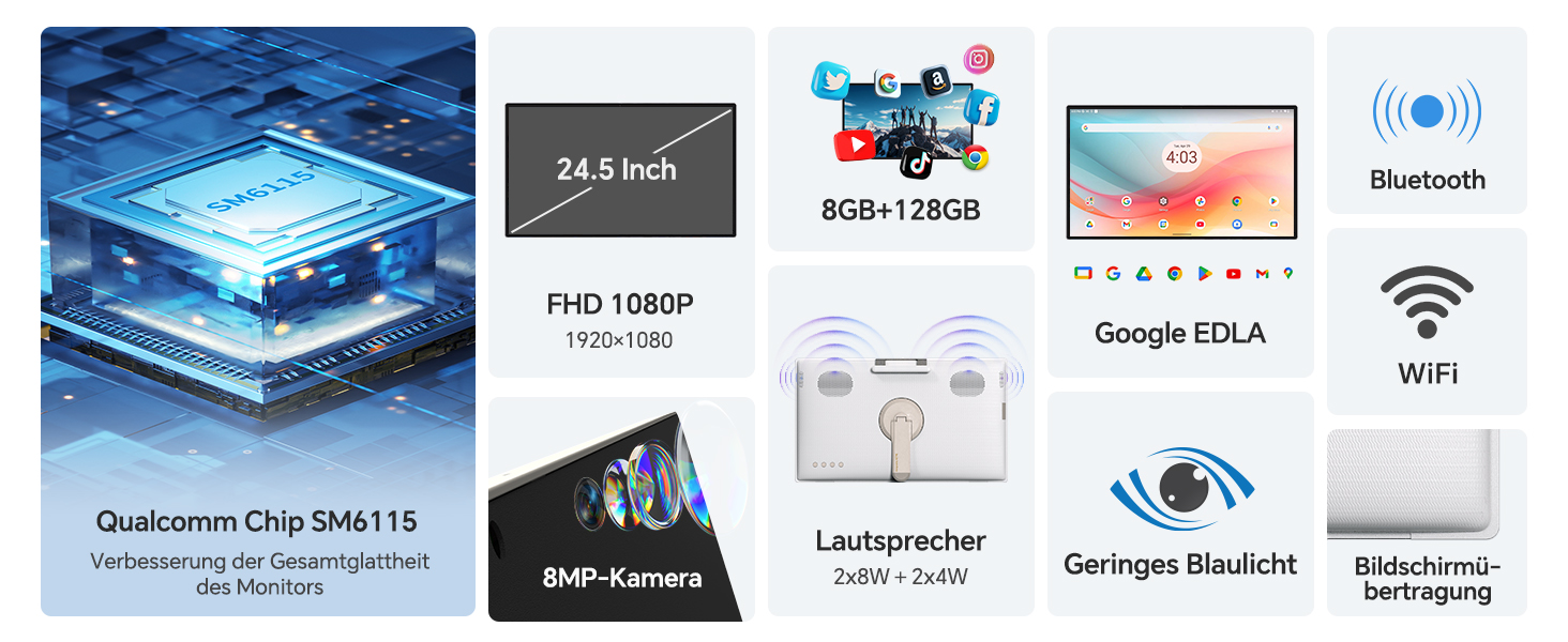Symbole für technische Spezifikationen, die Funktionen anzeigen: „25,5 Zoll“, „FHD 1080P“, „Google EDLA“, „WiFi“, „Bluetooth“, „Qualcomm Chip 9461L5“ und mehrere Konnektivitätssymbole.