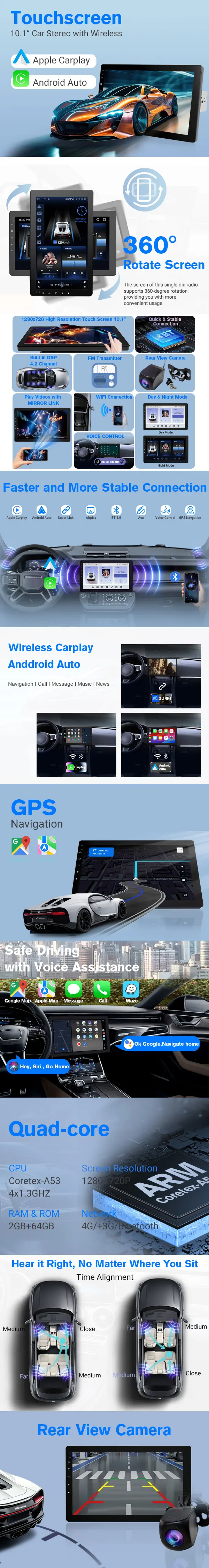 Product Introduction of 10.1" Rotatable Touch Screen Car Stereo Single Din - Android 13, Wireless CarPlay/Android Auto, 4-Core CPU, 2GB+32GB, GPS Navigation, Hi-Fi Sound, Bluetooth 4.2, AHD Backup Camera (Vertical Fit) 1