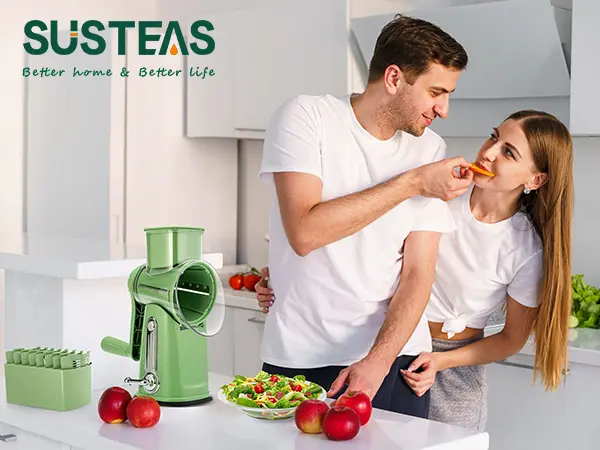Product Introduction of SUSTEAS Rotary Cheese Grater with Handle, 5 Well-Designed Blades, Strong Suction Cup Base, Kitchen Utensils Vegetable Slicer Dicer Fruit Vegetable Slicer Gadgets Kitchen 0