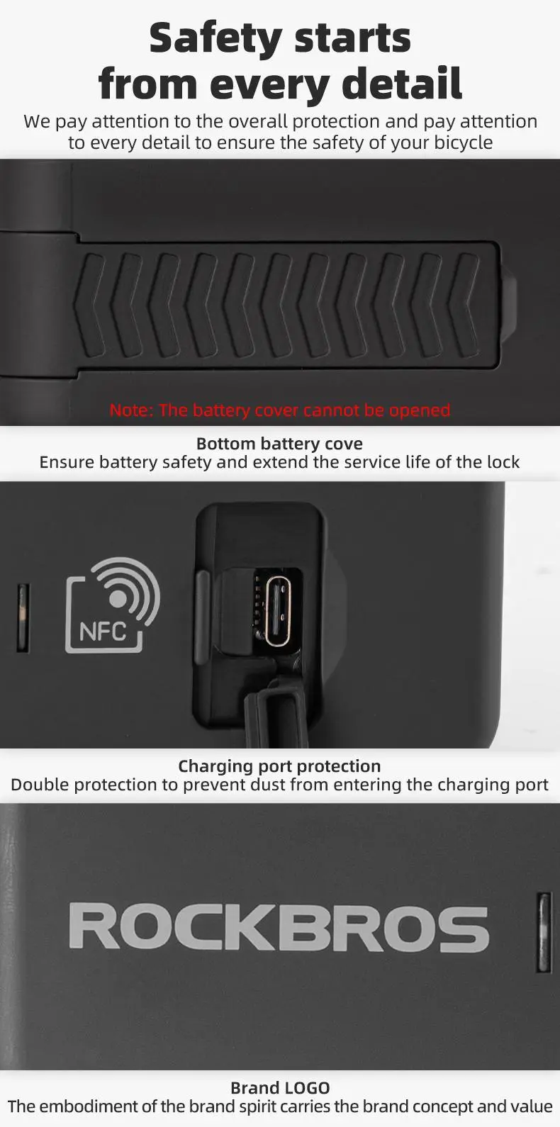 Product Introduction of ROCKBROS Smart U Lock NFC Unlocking (NFC fuction phone only),MTB Road Bike Lock  Anti-theft Lock Waterproof Rechargeable Safety Lock 15