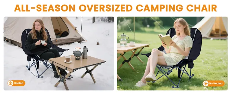 Product Introduction of SLSY Oversized Heated Rocking Camping Chair, 400lbs Capacity Portable Outdoor Rocker Padded Recliner Folding Lawn Chair, with Side Pockets & Carry Bag for Camping Patio Backyard【Batteries not included】 4