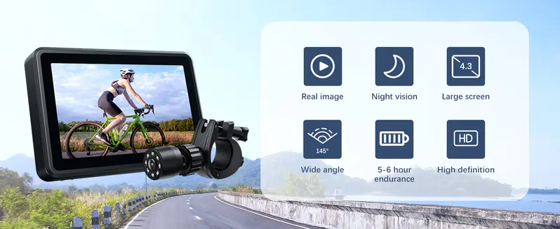 Product Introduction of Bike camera, Handlebar Bicycle Rear View camera with 4.3'' HD Night Vision Function, 145° Wide Angle View, Adjustable Rotatable Bracket, Compatible with Bicycle, Mountain, Road Bike 1