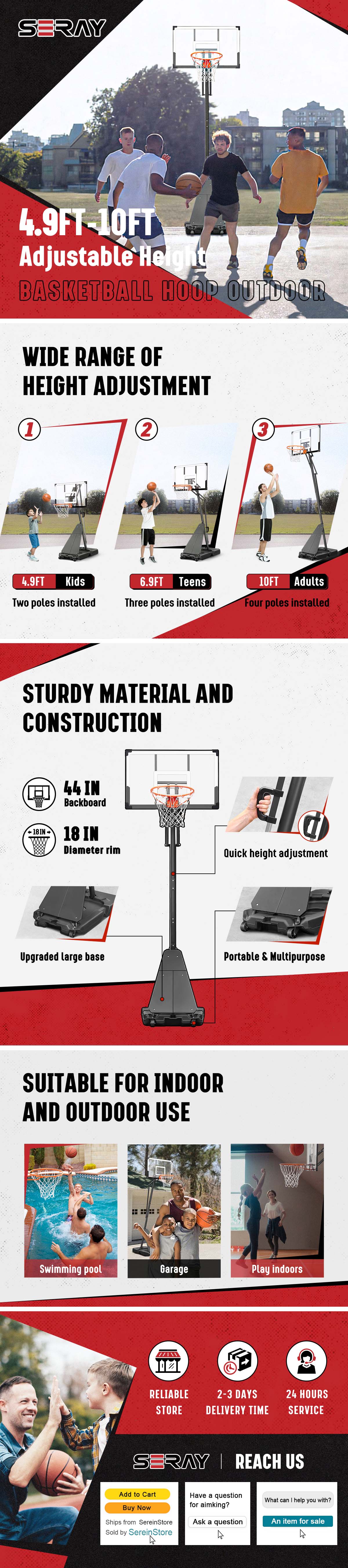 Seray Kids Basketball Hoop 3.2 to 7.2FT 10s-Quick-Adjust, Toddler 29In Backboard Portable Basketball Goal, Mini Hoop Indoor Basketball Court Outdoor & Pool Play Sets, Home Sports for Teens Boys & Girls, Birthday Gift Idea