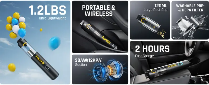 Product Introduction of Fanttik Slim V8 Mate/V8 Apex/V10 Apex Cordless Car Vacuum High Power, 12000Pa/30AW, RobustClean Mini Vacuum with Flexible Hose and Pet Brush, 2H Fast Charge, Portable Vacuum for Car Interior Home Cleaning Cleaner Automotive 6