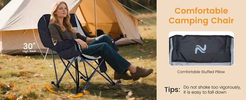 Product Introduction of SLSY Oversized Heated Rocking Camping Chair, 400lbs Capacity Portable Outdoor Rocker Padded Recliner Folding Lawn Chair, with Side Pockets & Carry Bag for Camping Patio Backyard【Batteries not included】 11