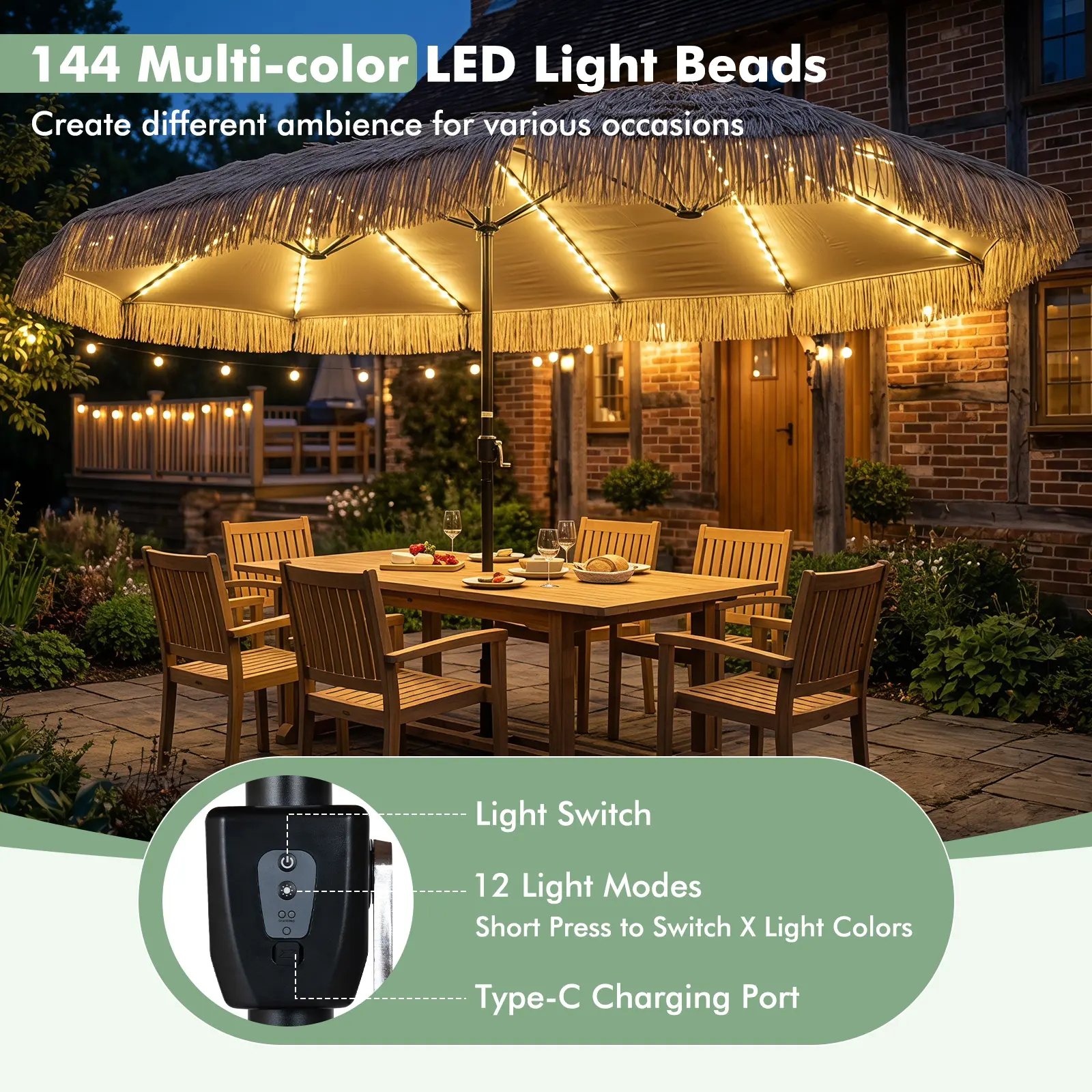15 FT Solar Tiki Patio Umbrella with LED Lights and Base
