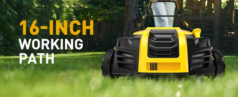 Product Introduction of 2025 Upgraded EVEAGE 16-Inch 15 Amp Electric Dethatcher & Scarifier, 5-Position Depth Adjustment, 14.5gal Collection Bag, Increases Lawn Health spin brush magnetic sweeper Foldable Grabber rake 8