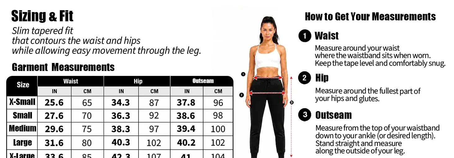 Women&rsquo;s jogger pants sizing chart with waist hip and outseam measurements for accurate fit