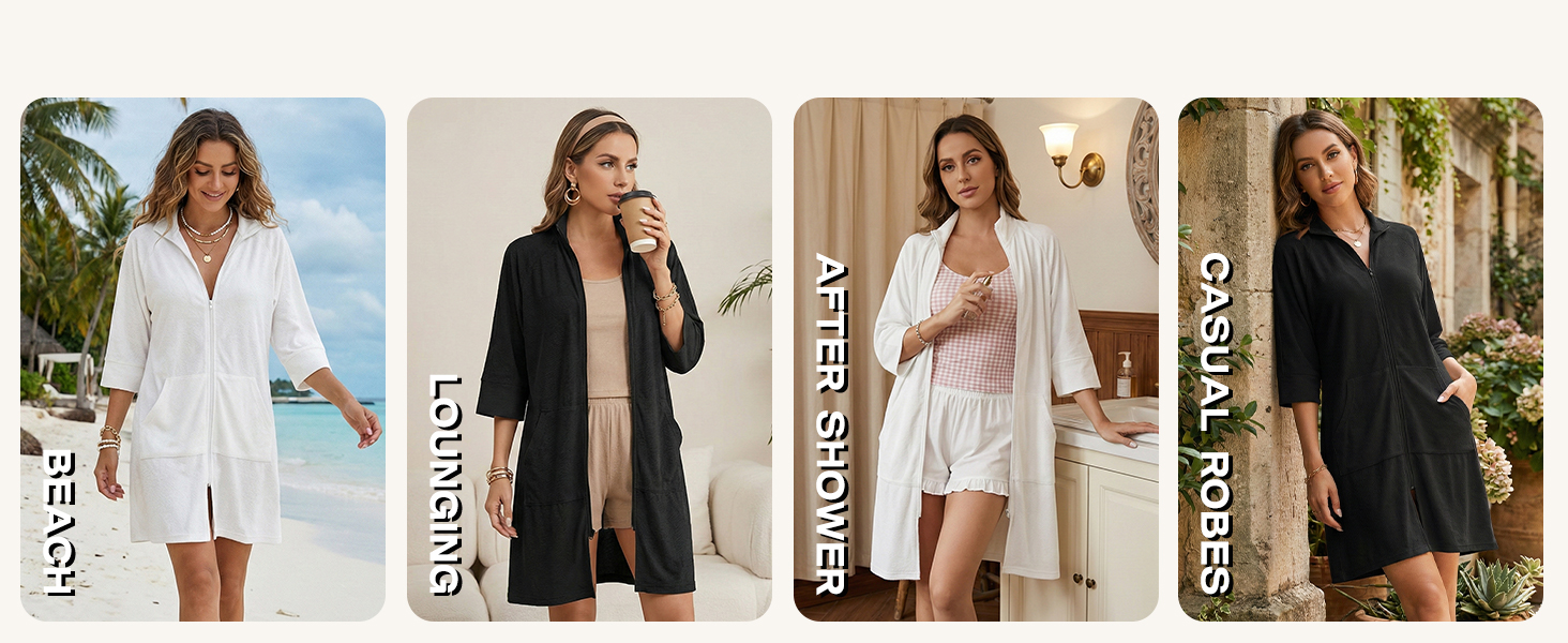 Terry Cloth Swim Cover Up for Women Zip Up Swimsuit Coverup with Pockets