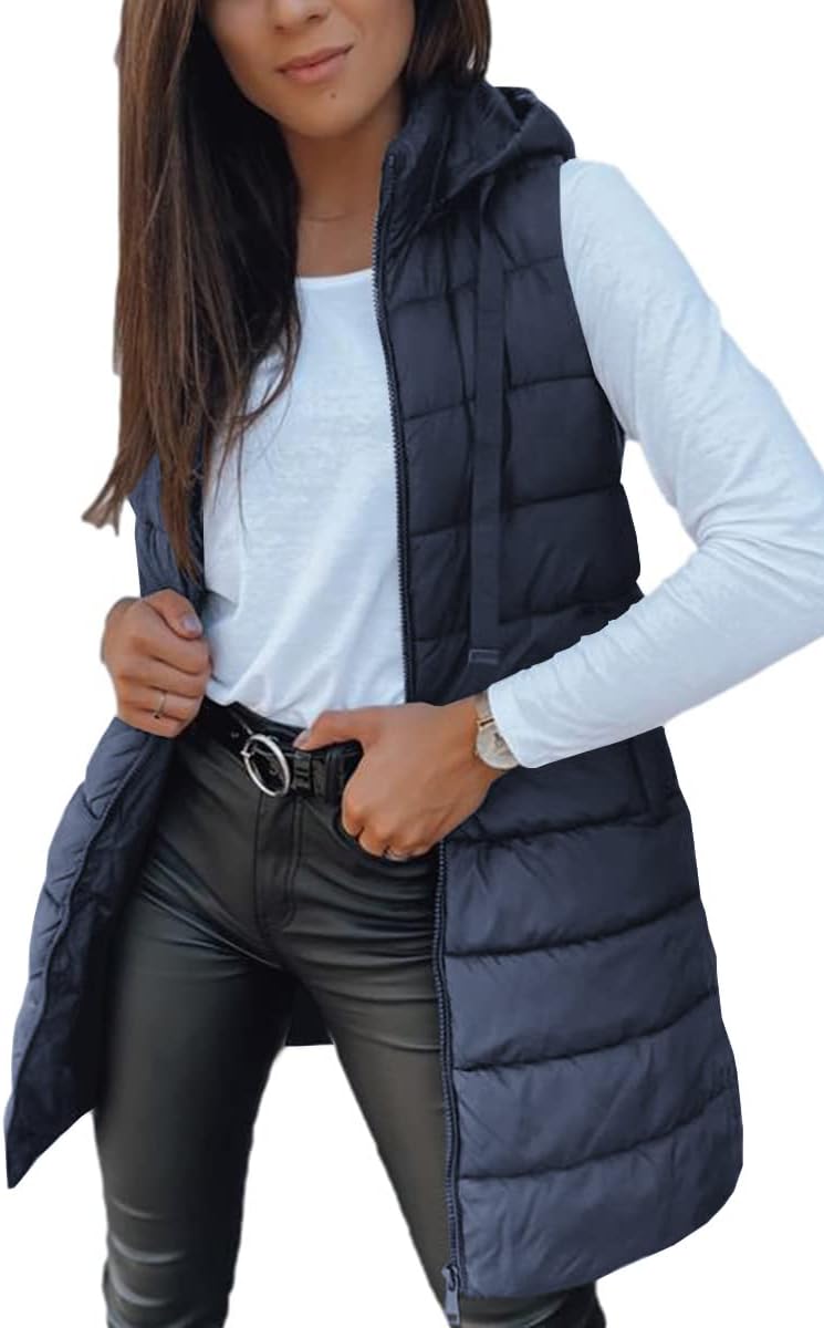 Women Long Vest Solid Color Sleeveless Hood Winter Puffer Vest Outwear