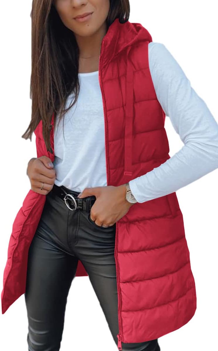 Women Long Vest Solid Color Sleeveless Hood Winter Puffer Vest Outwear