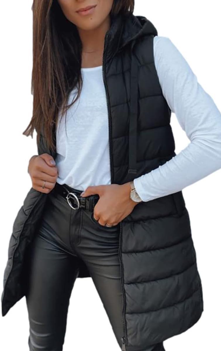 Women Long Vest Solid Color Sleeveless Hood Winter Puffer Vest Outwear