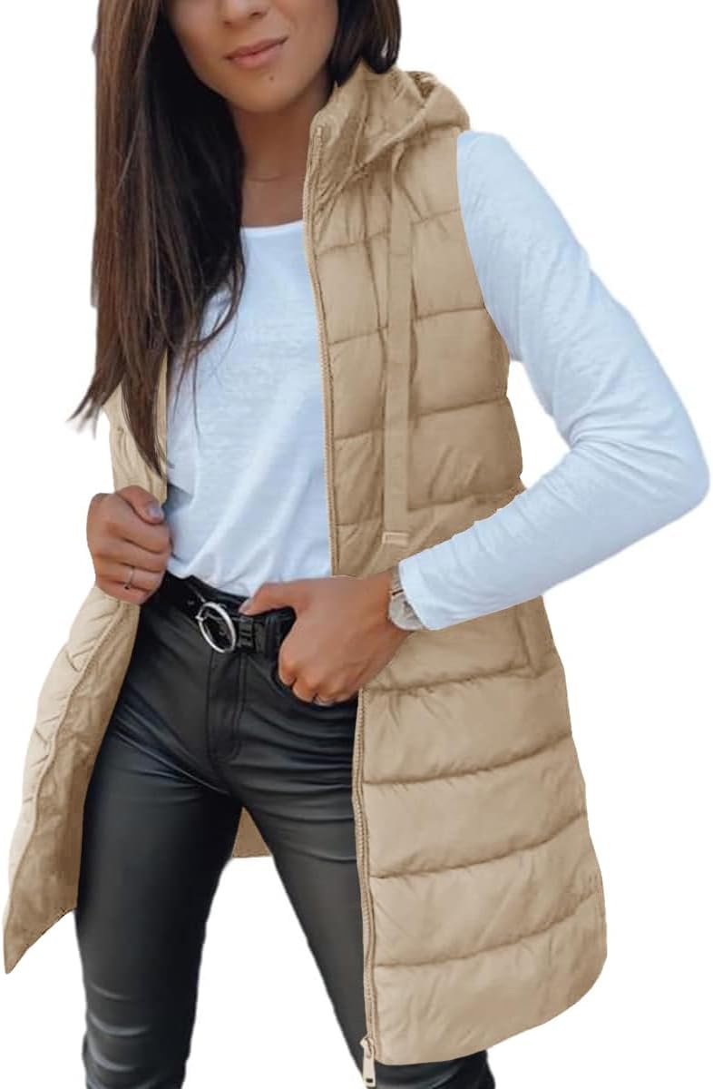 Women Long Vest Solid Color Sleeveless Hood Winter Puffer Vest Outwear