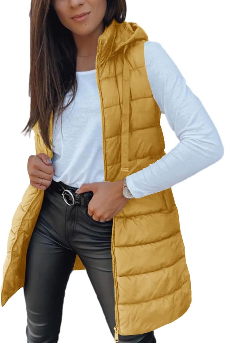 Women Long Vest Solid Color Sleeveless Hood Winter Puffer Vest Outwear