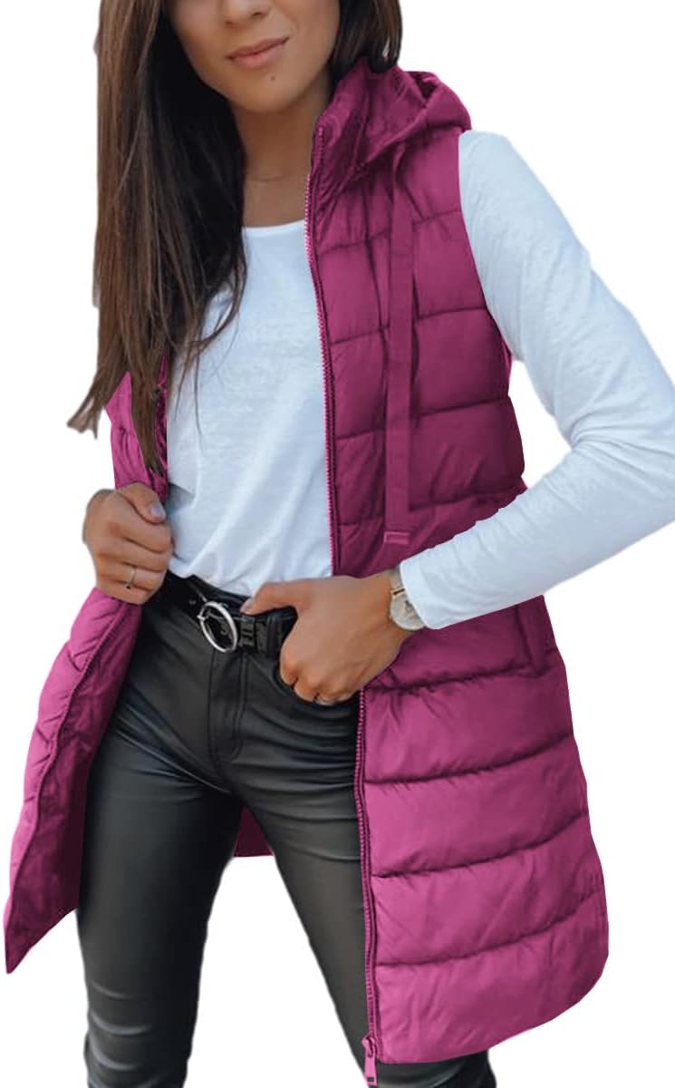 Women Long Vest Solid Color Sleeveless Hood Winter Puffer Vest Outwear