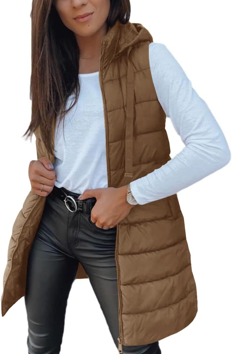 Women Long Vest Solid Color Sleeveless Hood Winter Puffer Vest Outwear