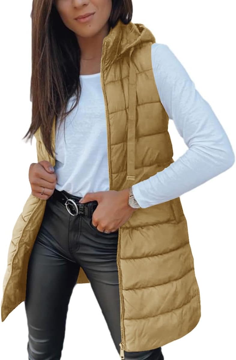Women Long Vest Solid Color Sleeveless Hood Winter Puffer Vest Outwear