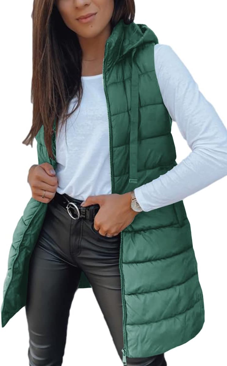 Women Long Vest Solid Color Sleeveless Hood Winter Puffer Vest Outwear
