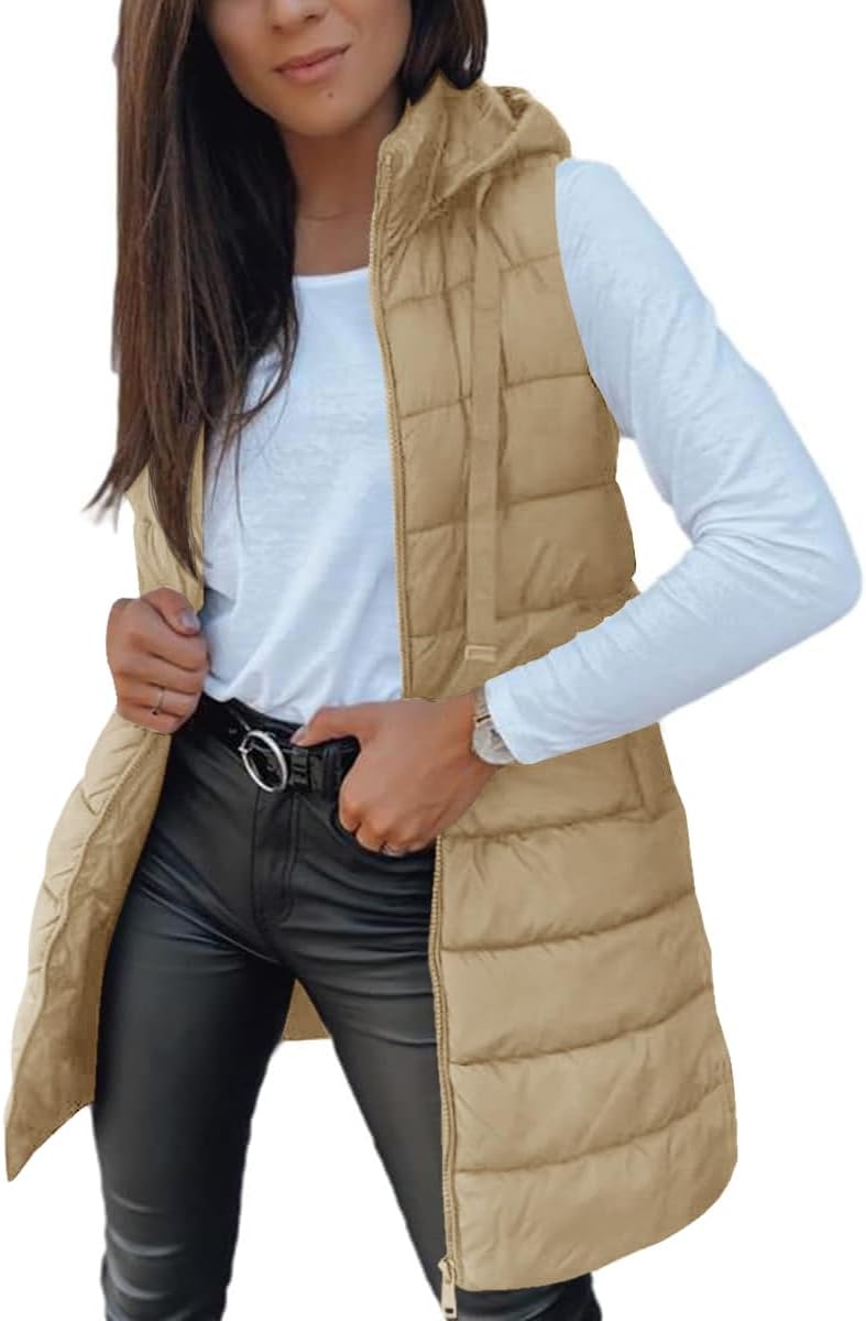 Women Long Vest Solid Color Sleeveless Hood Winter Puffer Vest Outwear