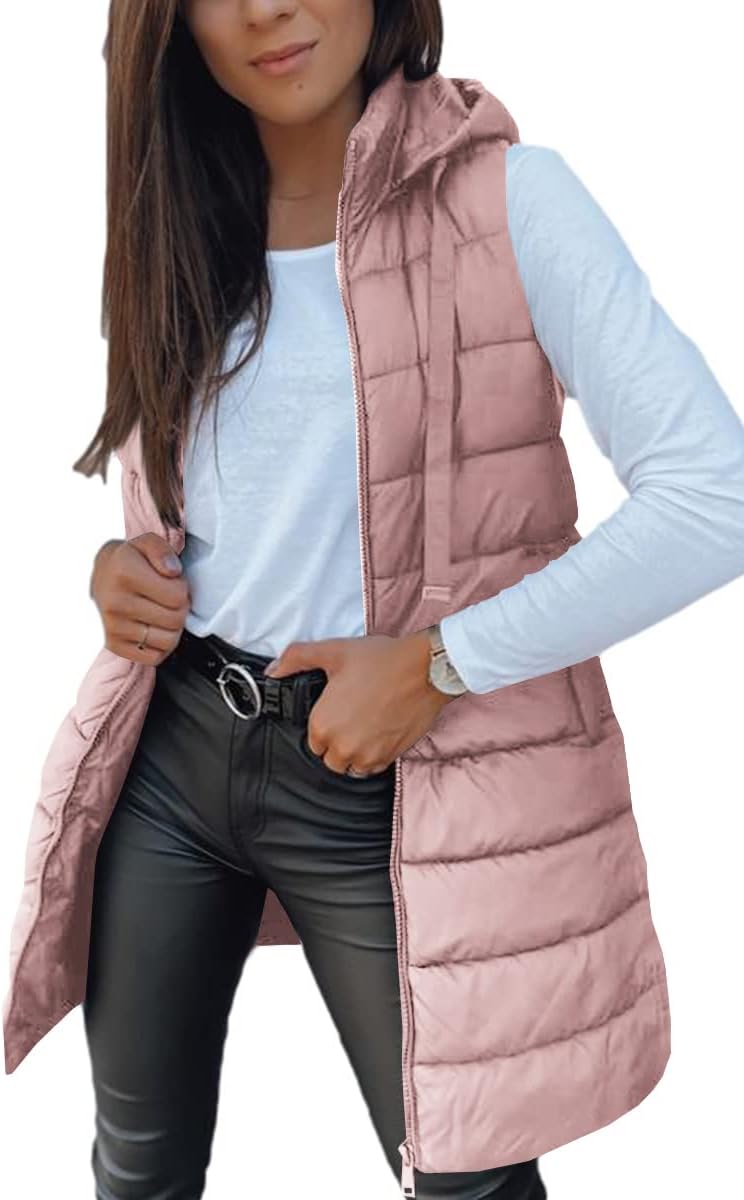 Women Long Vest Solid Color Sleeveless Hood Winter Puffer Vest Outwear