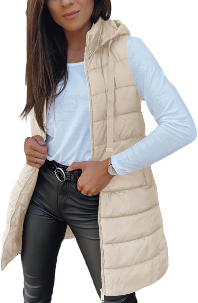 Women Long Vest Solid Color Sleeveless Hood Winter Puffer Vest Outwear