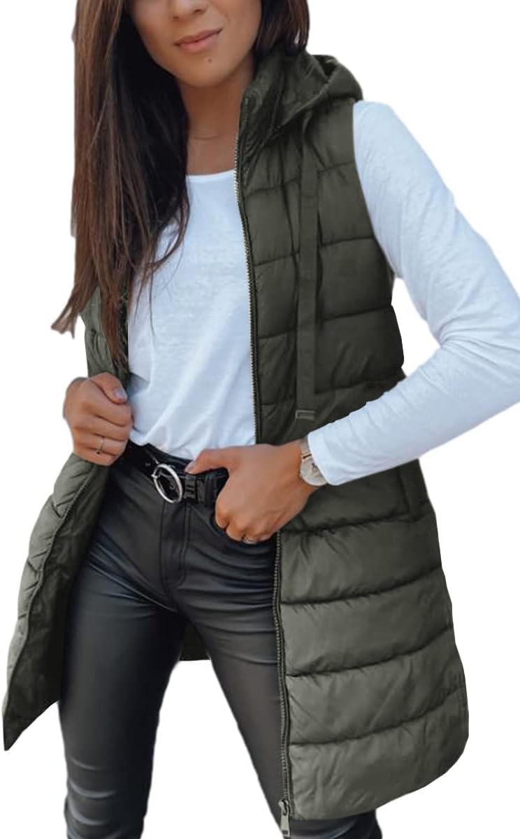 Women Long Vest Solid Color Sleeveless Hood Winter Puffer Vest Outwear