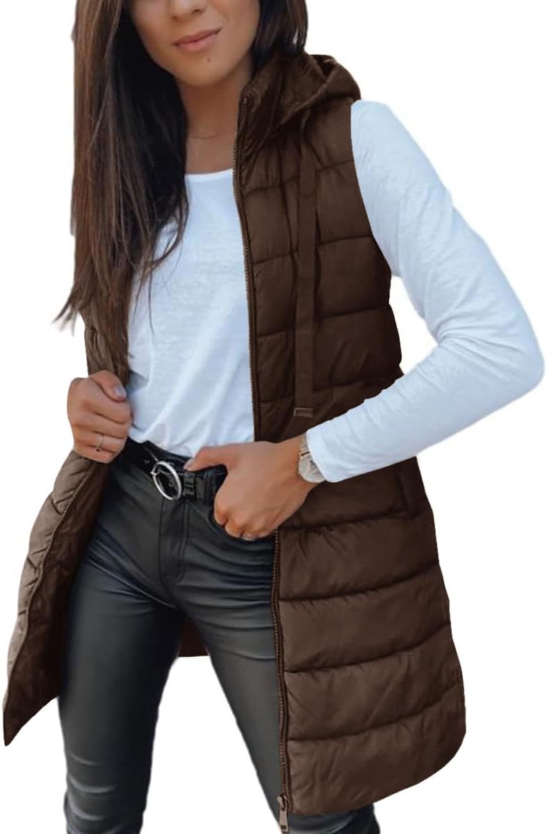 Women Long Vest Solid Color Sleeveless Hood Winter Puffer Vest Outwear